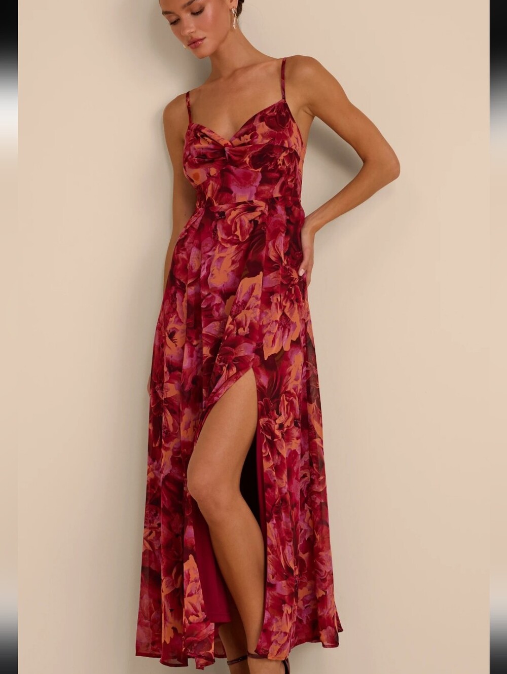 Lulus Beautiful Soul Burgundy Floral Print Twist-Front long  Maxi Dress xl